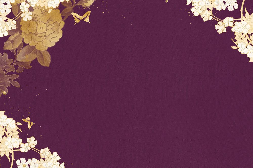 Purple background, editable gold flower border, remixed by rawpixel