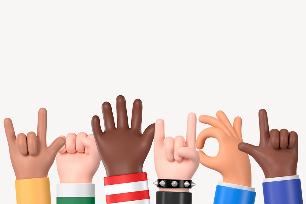 Diverse raising hands background, 3D rendering, editable design