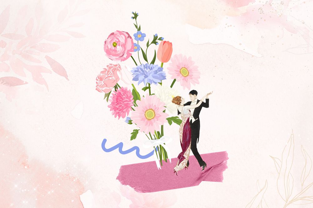 Aesthetic flower bouquet background, couple dancing illustration, editable design