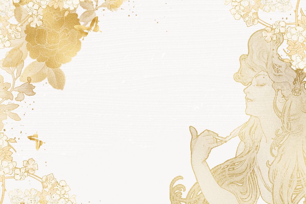 Gold floral frame background, Alphonse Mucha's woman vintage illustration, remixed by rawpixel, editable design