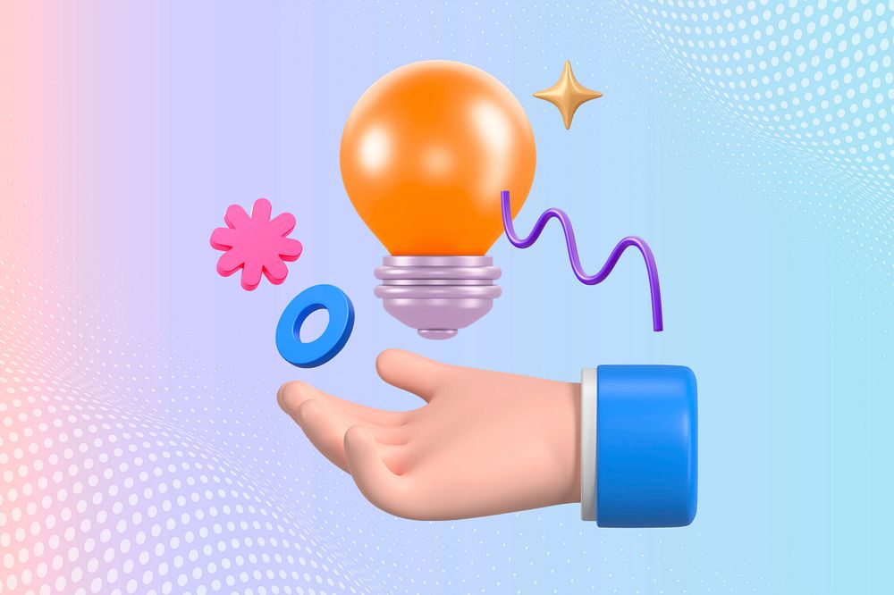 Creative idea, 3D hand presenting light bulb, editable design