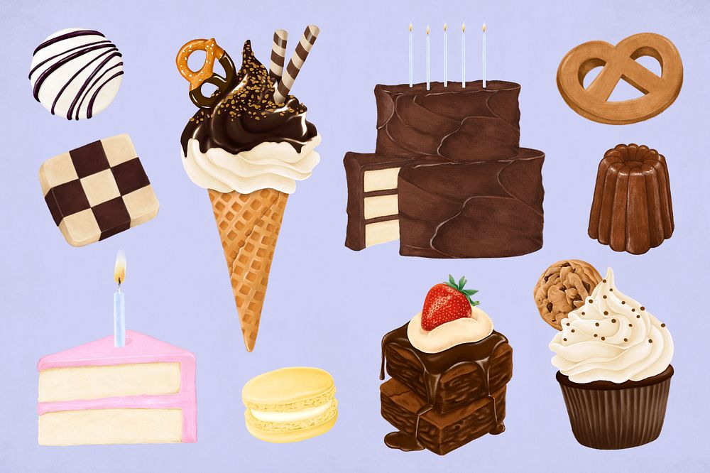 Cake dessert, ice-cream sweet illustration set