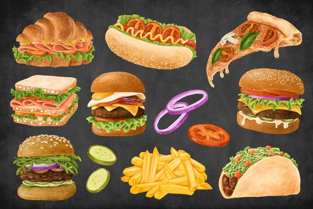 Burger fast food illustration, pizza and sandwich set