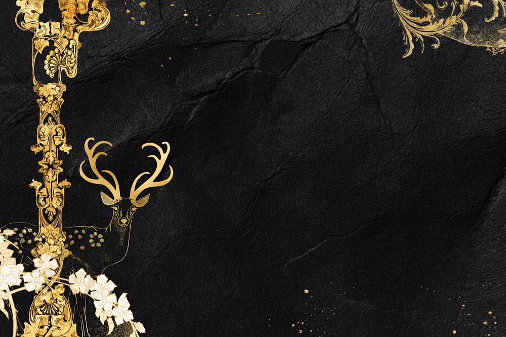 Gold stag editable border, black background, glued paper texture, remixed by rawpixel