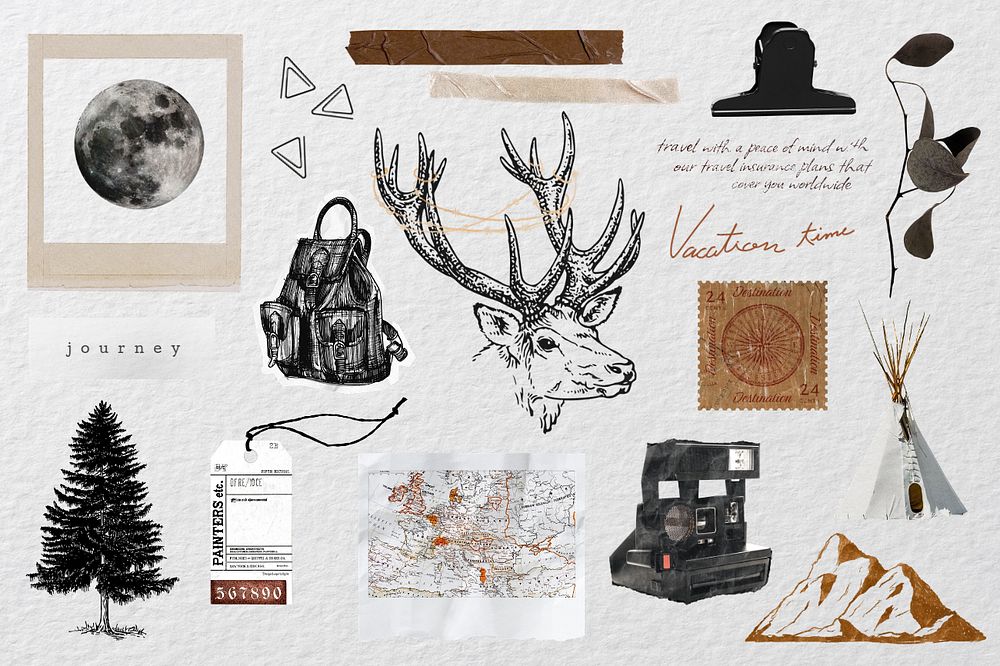 Camping travel aesthetic collage element, editable design set