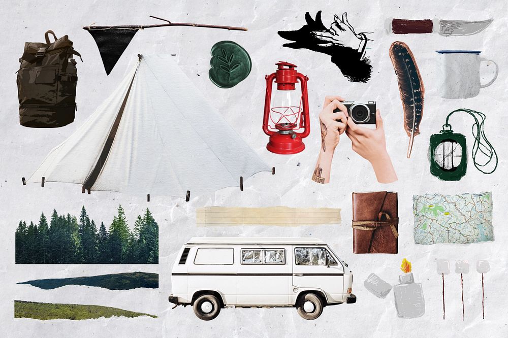 Camping travel aesthetic collage element, editable design set