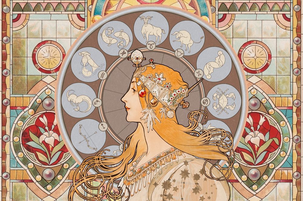 Alphonse Mucha's zodiac background, editable famous Art Nouveau artwork, remixed by rawpixel