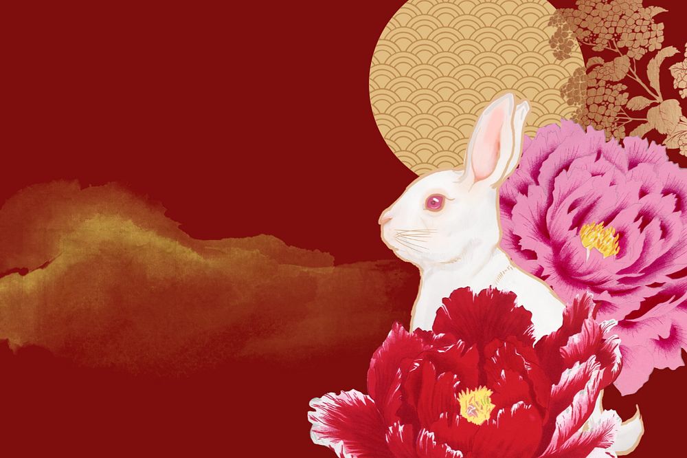 Rabbit Chinese zodiac background, red floral, editable design