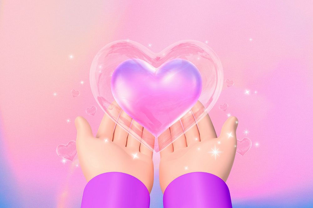 Hand presenting heart background, pink 3D aesthetic, editable design