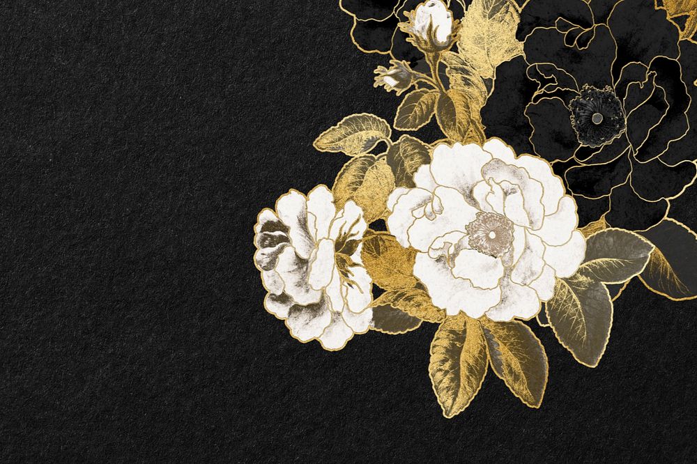 Gold rose border, editable black background, remixed by rawpixel