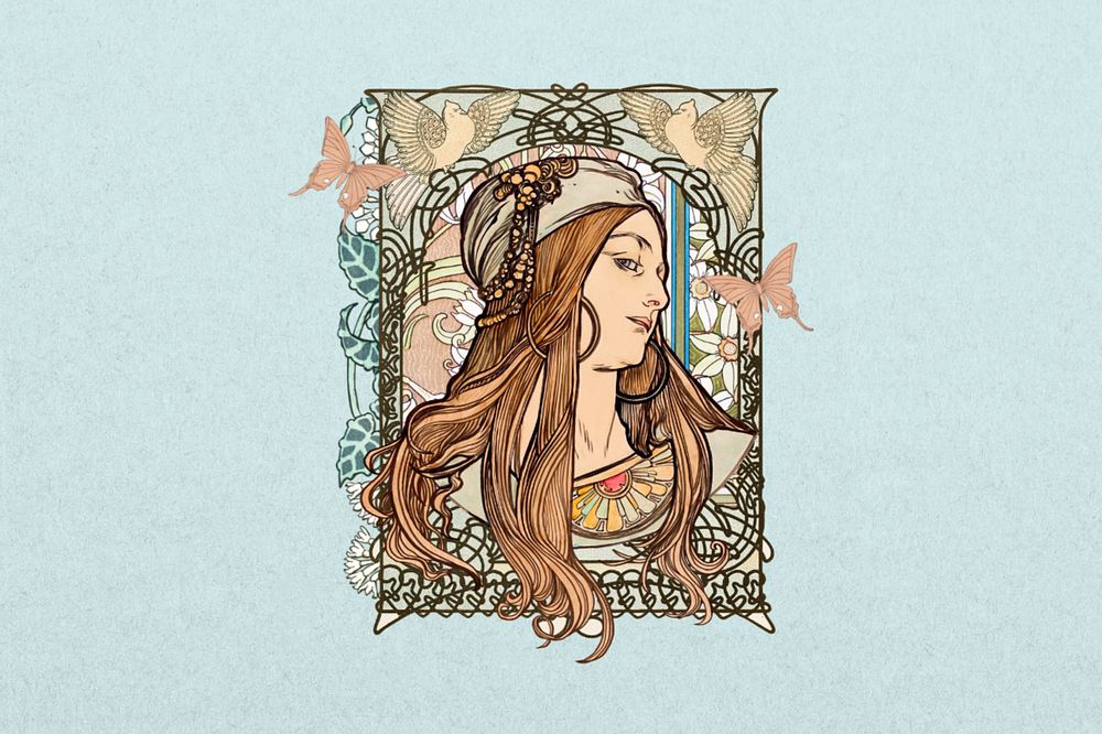 Art nouveau lady background, Alphonse Mucha's vintage artwork, remixed by rawpixel, editable design