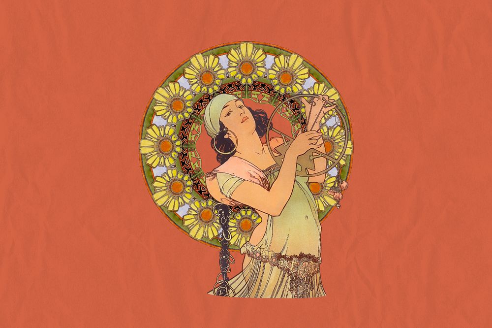 Alphonse Mucha's Salomé background, vintage woman aesthetic, remixed by rawpixel, editable design