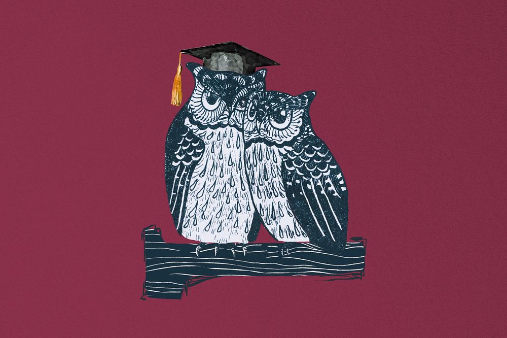 Owls with graduation cap, editable animal clipart, remixed by rawpixel