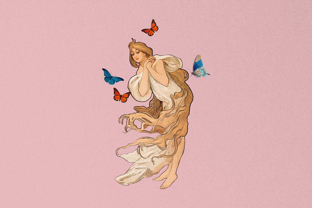 Vintage butterfly woman background, remixed from the artwork of Alphonse Mucha, editable design