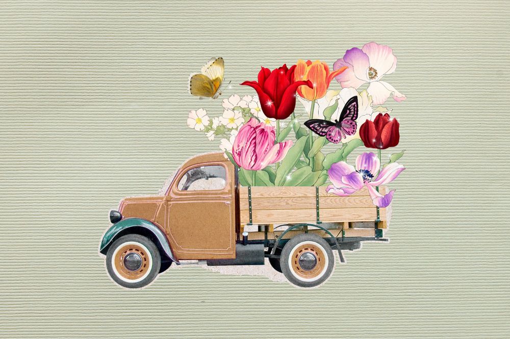 Tulips in classic truck, editable Spring flower collage element remix design