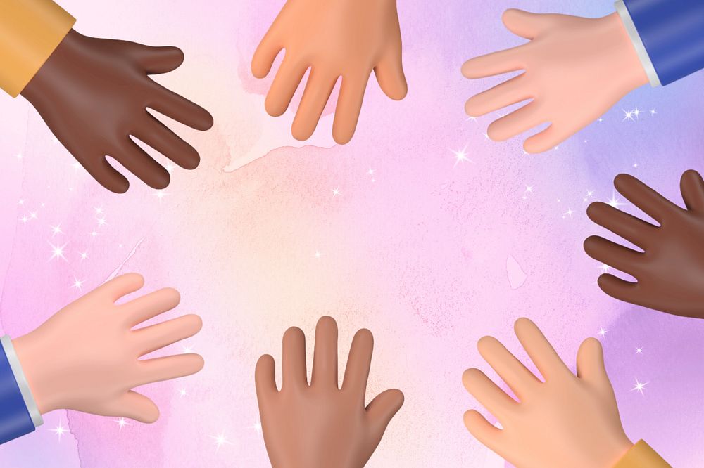 Joined diverse hands background, 3D rendering, editable design