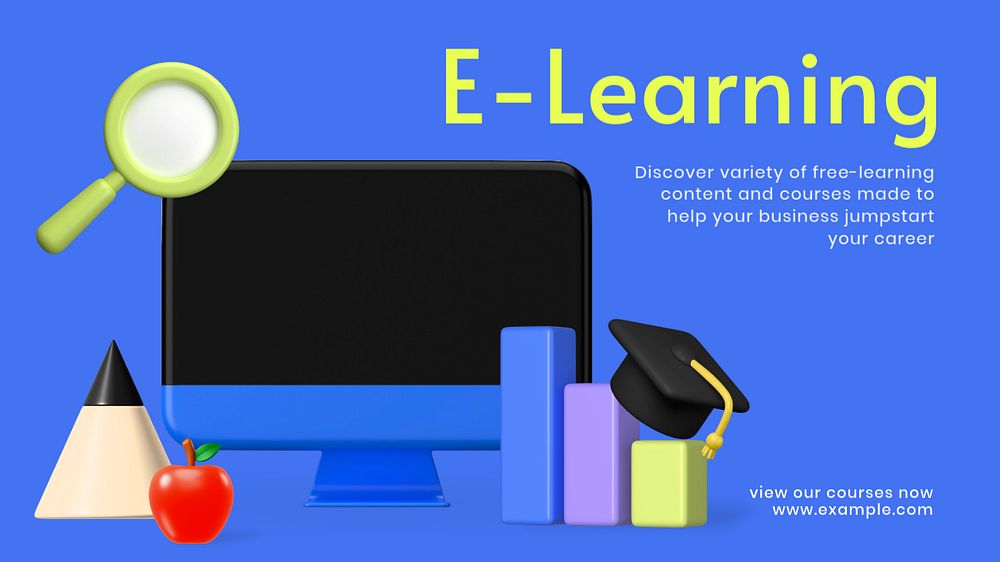 E-learning school blog banner template, customizable 3D design and text