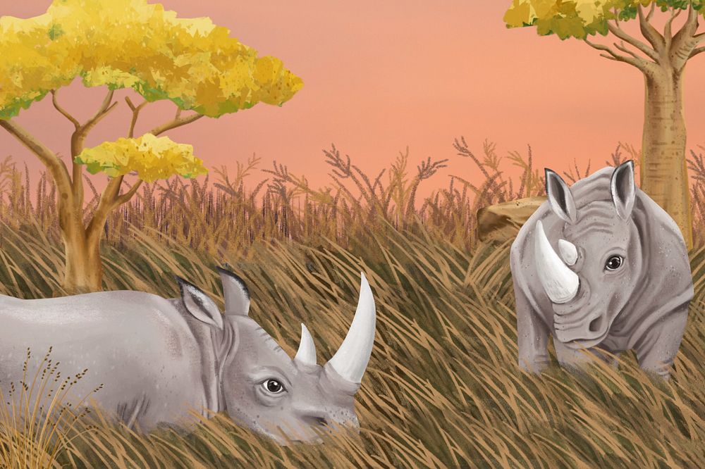 Wild rhino animal background, nature illustration