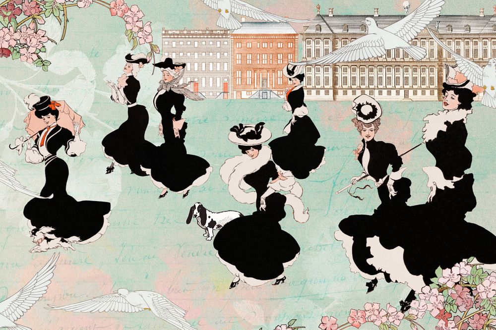 Victorian women strolling background, editable vintage illustration, remixed by rawpixel