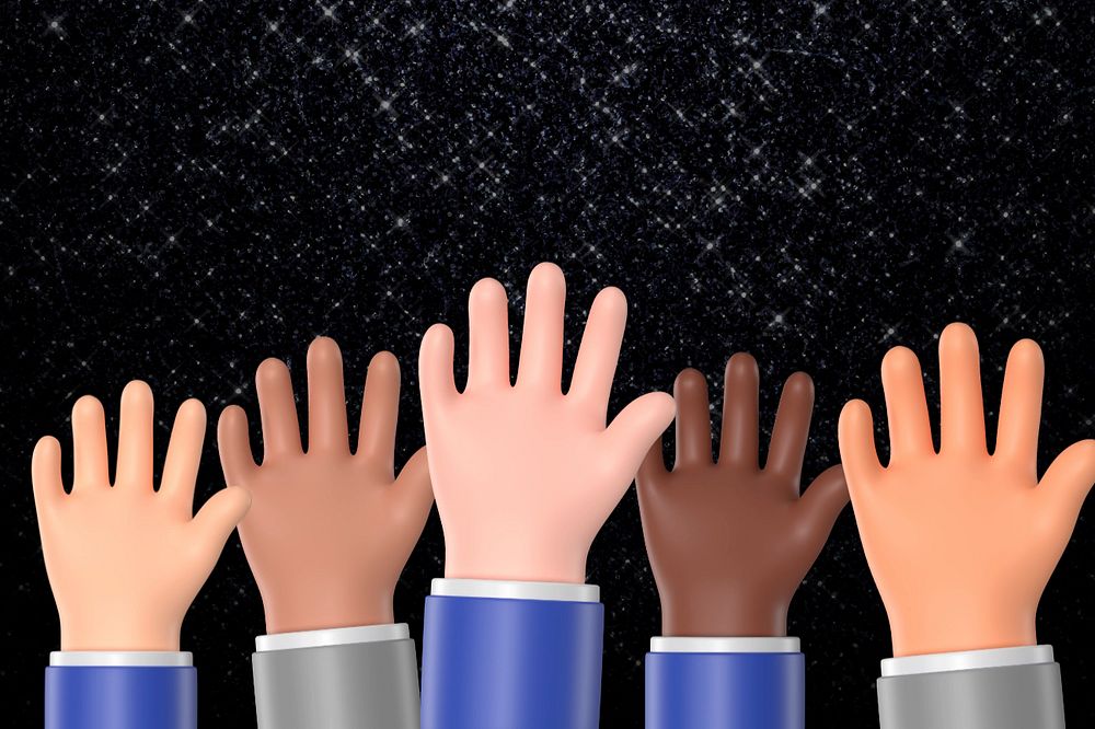 Diverse raising hands background, 3D rendering, editable design