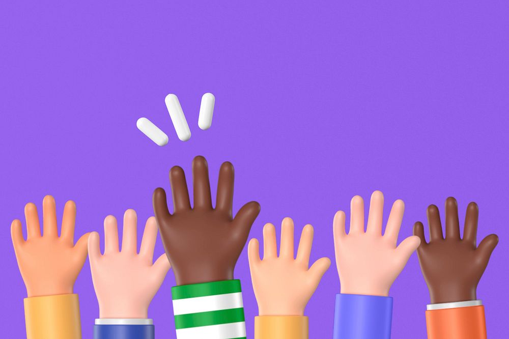 Diverse raising hands background, 3D rendering, editable design