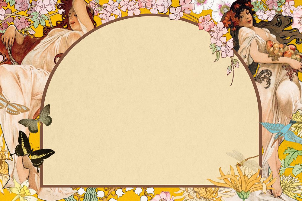 Vintage flower frame background, editable goddess illustrations, remixed from the artwork of Alphonse Mucha