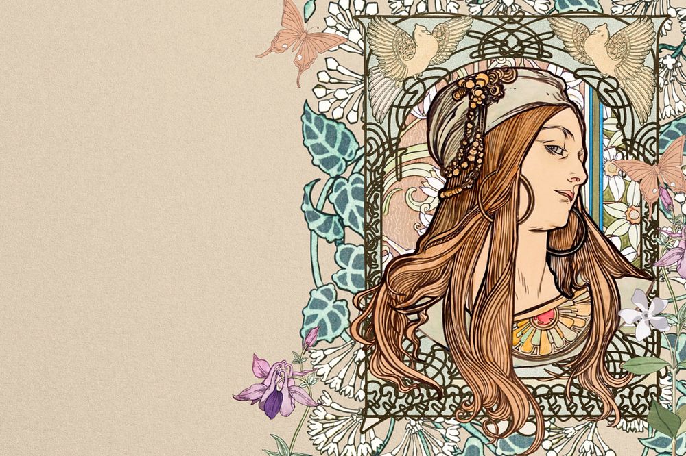 Art nouveau lady background, editable Alphonse Mucha's vintage artwork, remixed by rawpixel