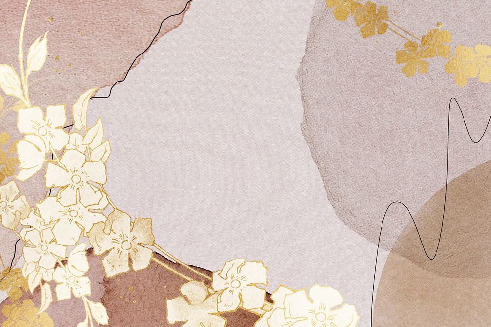 Watercolor brown background, editable gold flower border, remixed by rawpixel