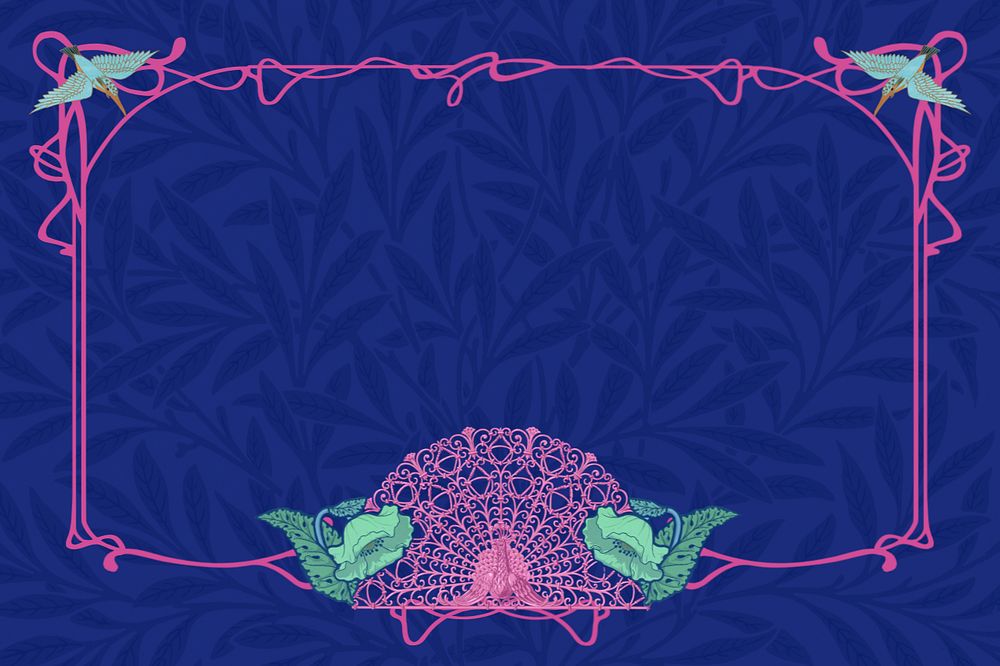 Blue leaf patterned background, editable pink ornamental frame, remixed from the artwork of William Morris