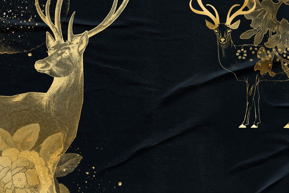 Black glued paper texture background, editable gold stags border, remixed by rawpixel