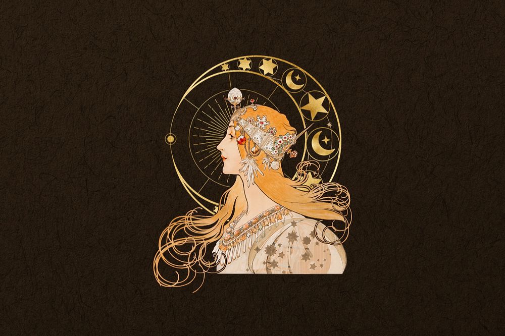 Alphonse Mucha's Zodiac background, vintage woman, remixed by rawpixel, editable design