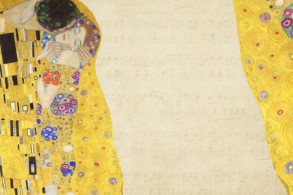 Klimt's The Kiss background, vintage yellow, remixed by rawpixel, editable design