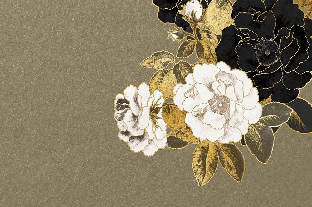 Beige background, editable gold rose border, remixed by rawpixel