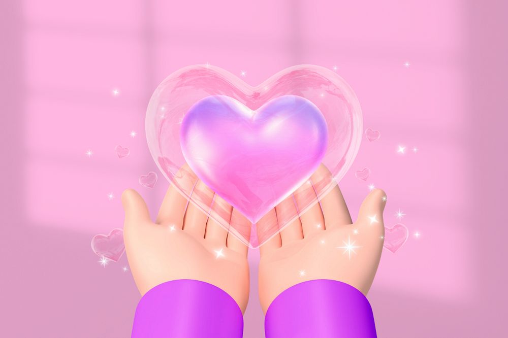 Hand presenting heart background, pink 3D aesthetic, editable design