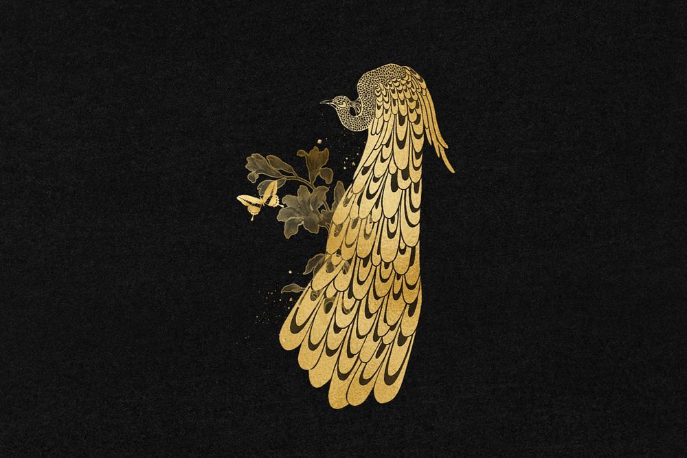 Gold peacock, black background, editable aesthetic design, remixed by rawpixel