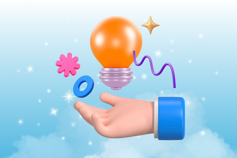 Creative idea, 3D hand presenting light bulb, editable design