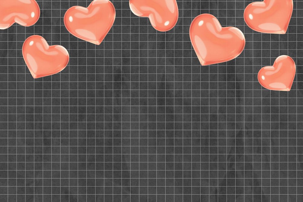 3D falling hearts background, black grid pattern, editable design