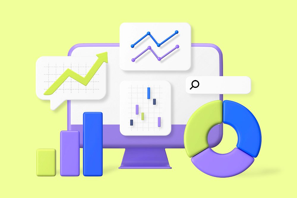 Digital marketing data, green background, customizable 3D graphic remix design