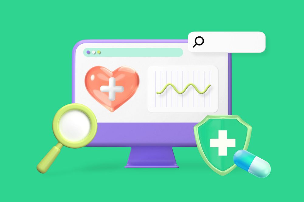 Online healthcare, green background, customizable 3D graphic remix design