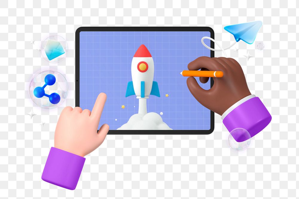 Business launch, 3D hand drawing rocket illustration, editable elements