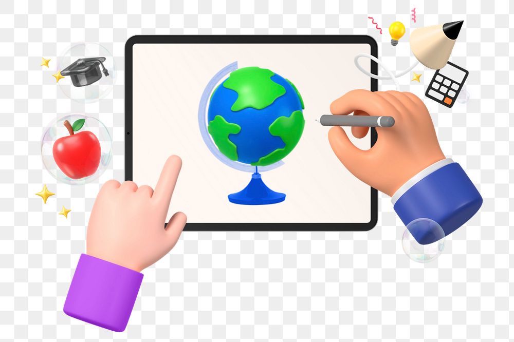 Hand drawing globe on tablet, environment graphic, editable elements