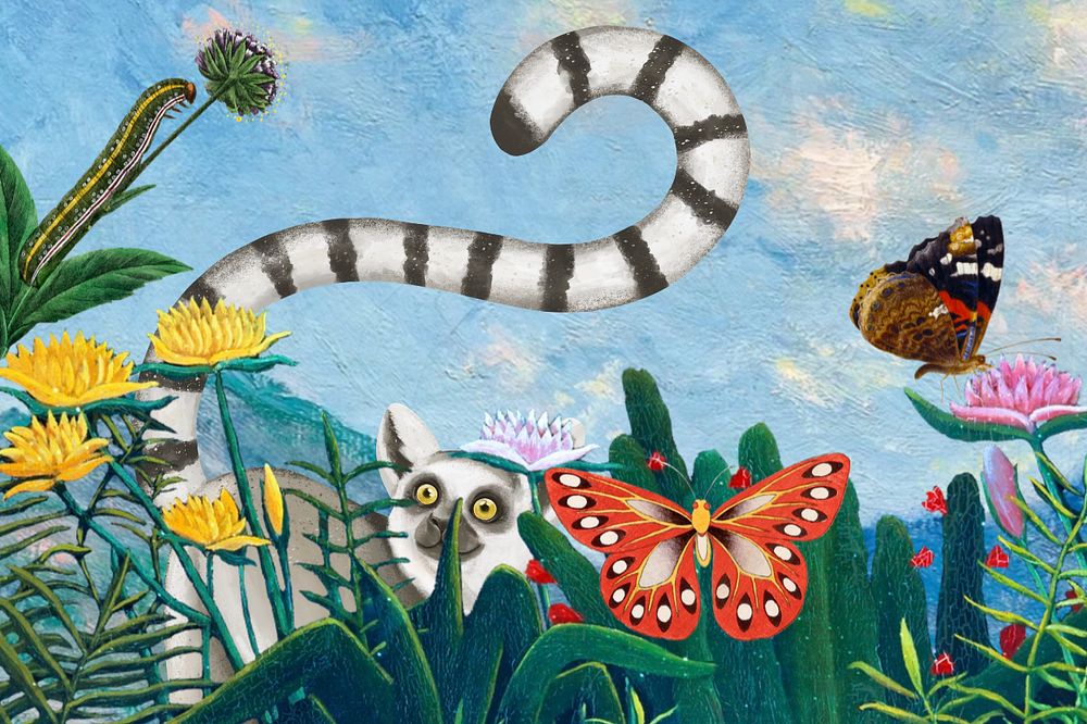 Cute lemur wildlife background, botanical illustration