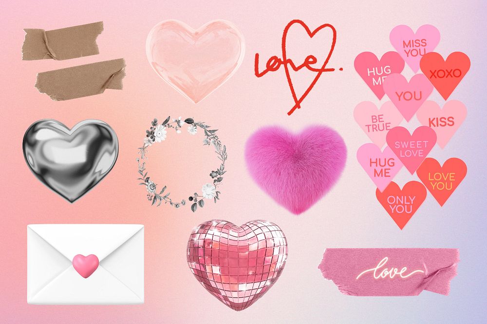 3D hearts sticker, aesthetic Valentine's collage element set, editable design