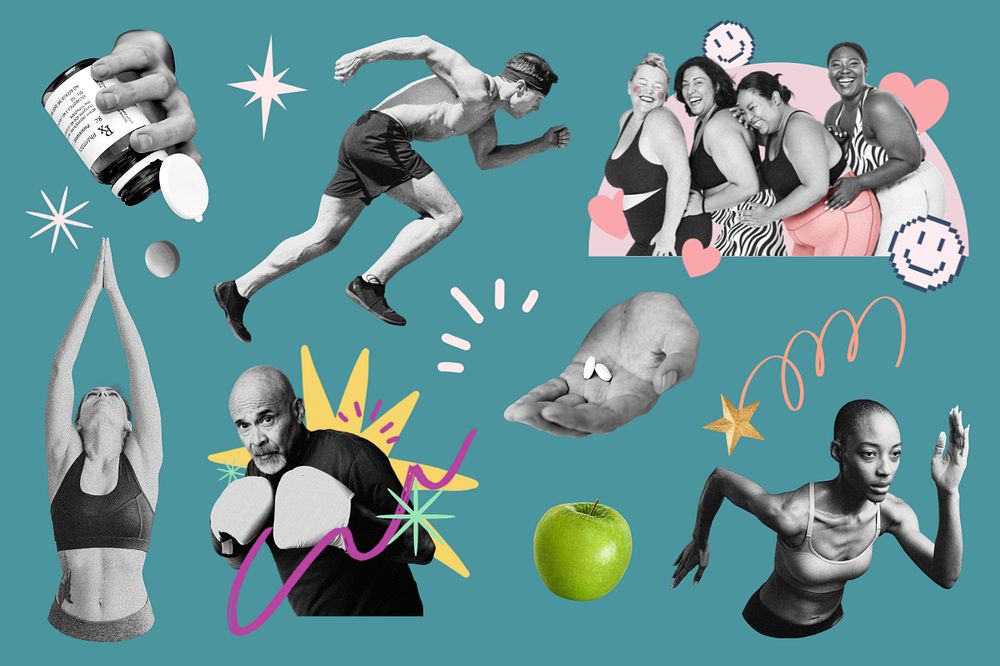 Sport & exercise lifestyle remix collage element set