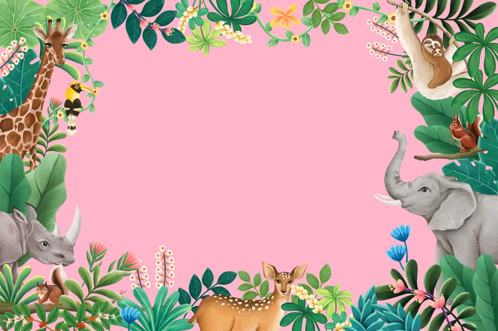 Wild animals background, green leaves frame