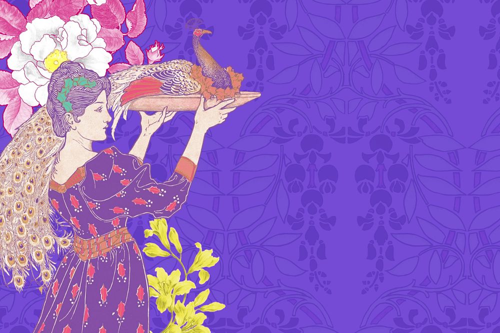 Woman carrying peacock background, editable vintage purple pattern, remixed from the artwork of Louis Rhead