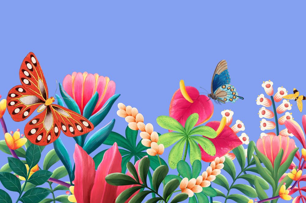 Butterfly tropical flowers background, botanical illustration