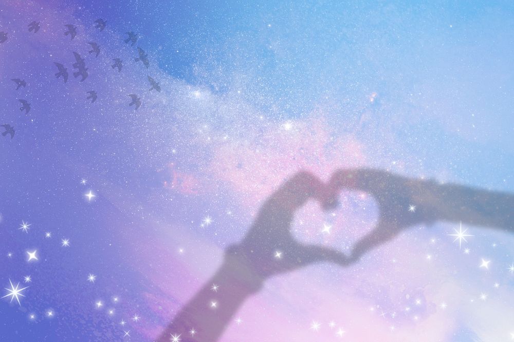 Dreamy heart hands background, aesthetic glittery sky, editable design