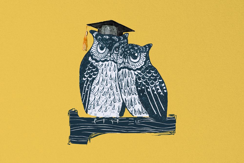 Educational owl on yellow background, editable animal, remixed by rawpixel