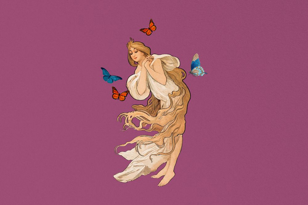 Vintage butterfly woman background, remixed from the artwork of Alphonse Mucha, editable design